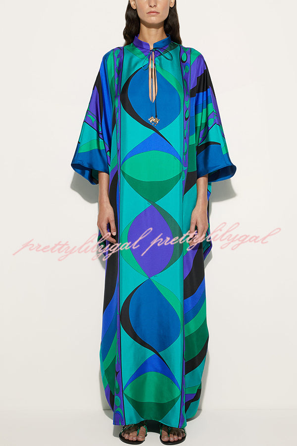 Holiday Choice Satin Unique Print Drape Wide Sleeve Loose Kaftan Maxi Dress