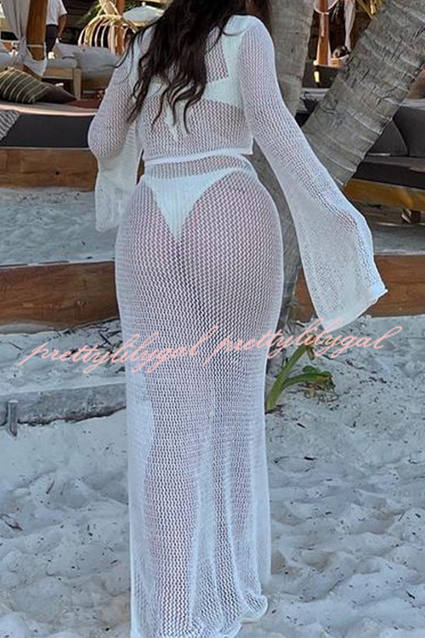 Knitted Slit See Through Hollow Tie Skirt Suit