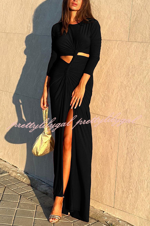 Solid Color Round Neck Long Sleeve Sexy Exposed Waist Slit Maxi Dress