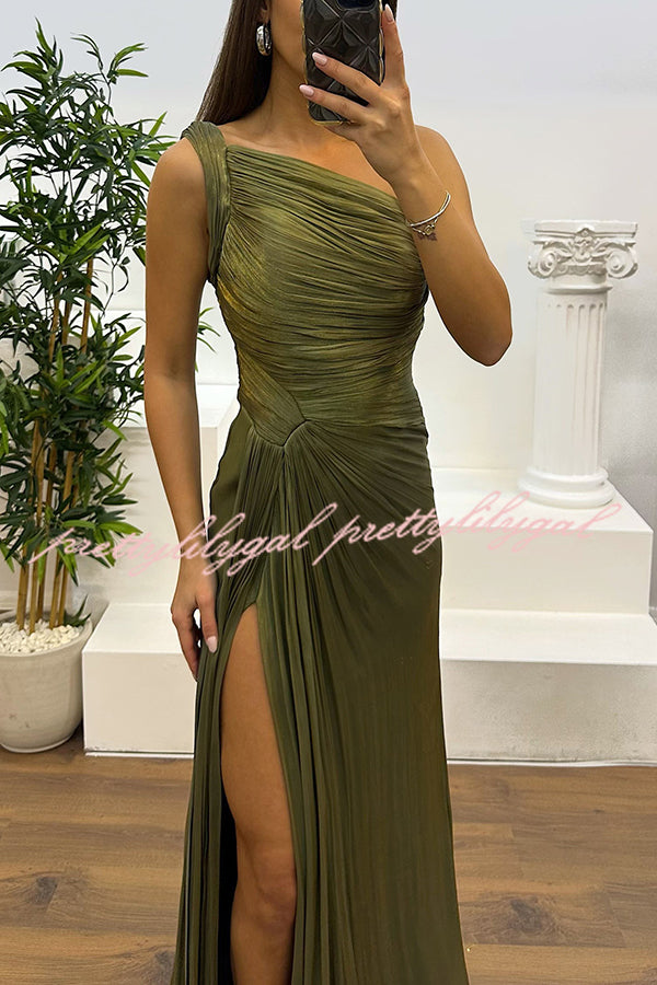 Fashion One-shoulder Pleated Ribbon Slim Slit Maxi Dress