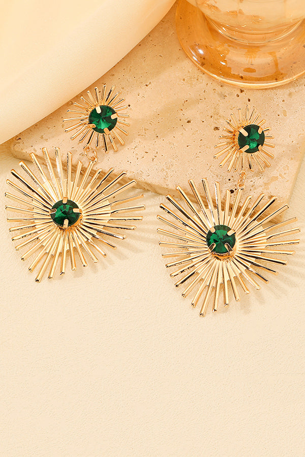 Exaggerated Emerald Rhinestone Line Metal Earrings