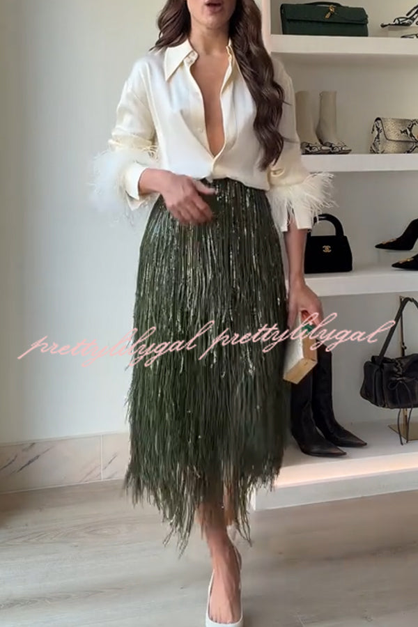 Party Crasher Layered Sequined Tassels High Rise Back Zipper Midi Skirt