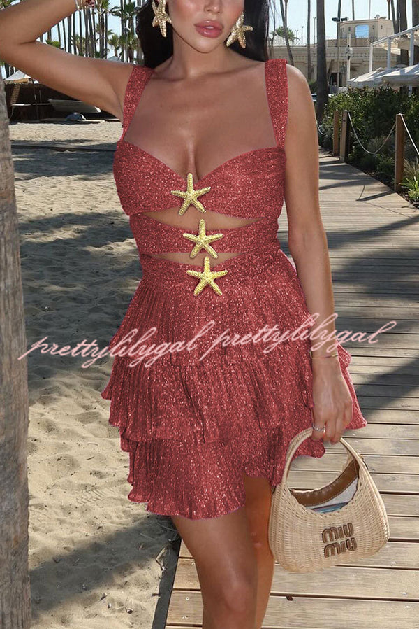 Little Mermaid Glitter Fabric Metal Starfish Hollow Layered Stretch One-piece Swimsuit