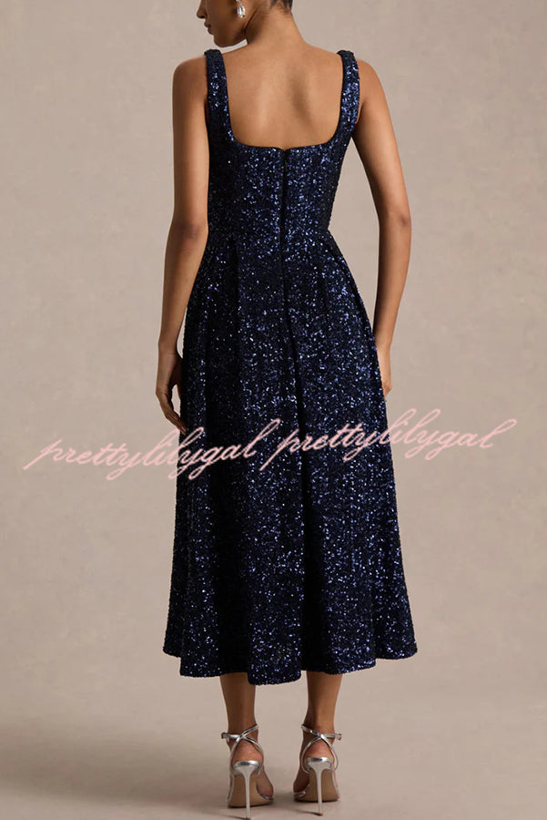 Effortless Sparkle Sequin Square Neck Wide Strap A-Line Midi Dress