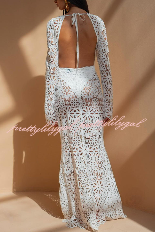 Ocean Breeze Crochet Lace Floral Pattern Backless Tie-up Vacation Maxi Dress