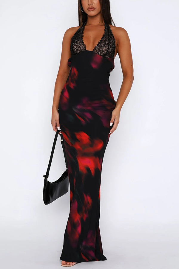 Fashion Printed Halter Neck Backless Lace-Up Sexy Slim Maxi Dress