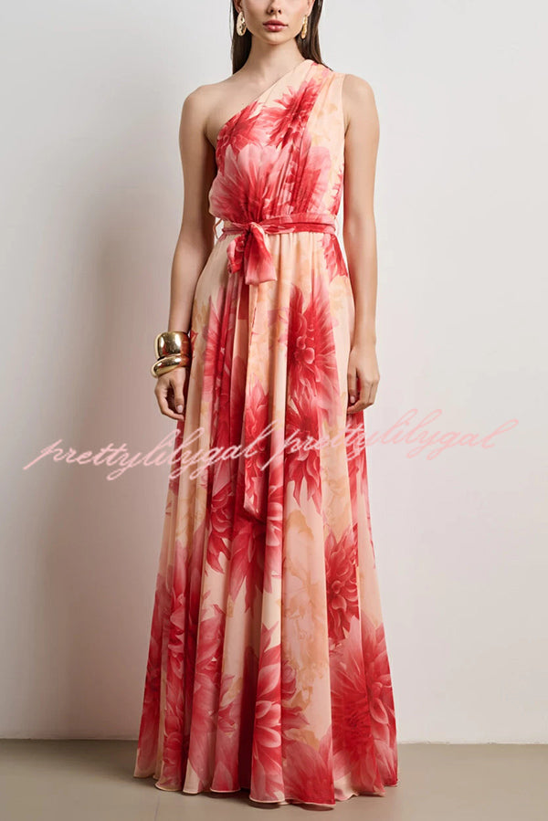 Floral Print One Shoulder Waist Tie Full Hem Resort Style Maxi Dress
