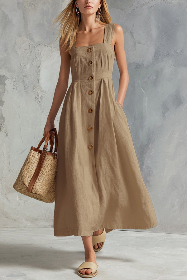 Linen Blend Solid Color Square Neck Sleeveless Button Casual Maxi Dre prettylilygal Linen Blend Solid Color Square Neck Sleeveless Button Casual Maxi Dre prettylilygal