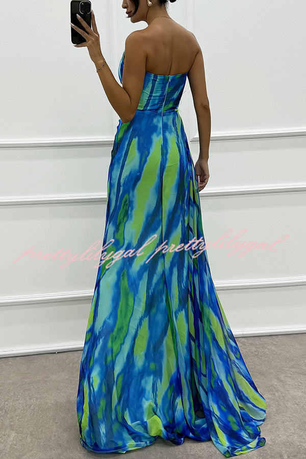 Amazing Views Watercolor Print Feather Rose Detail Off Shoulder Pleated Slit Maxi Dress