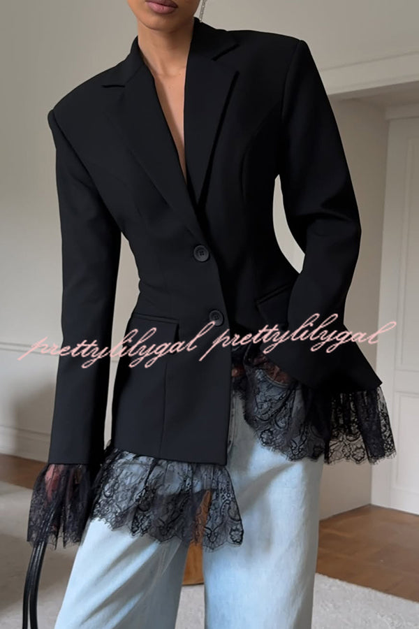 Solid Color Lace Panel Long Sleeve Button Elegant Blazer