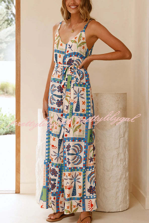 Unique Beach Vacation Print V-neck Suspenders Casual Wide-leg Jumpsuit