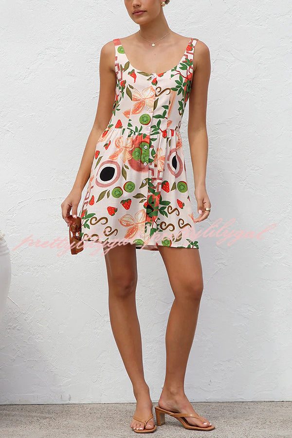 Botanical Print Sleeveless Button-Down Mini Dress