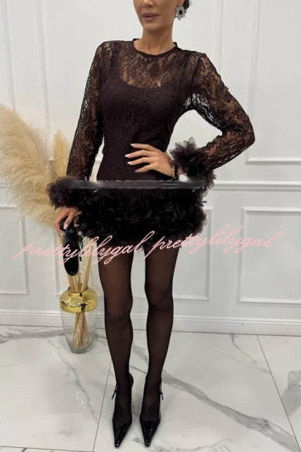 Alyssa Lace Fabric Tulle Layered Petals Trim Long Sleeve Mini Dress