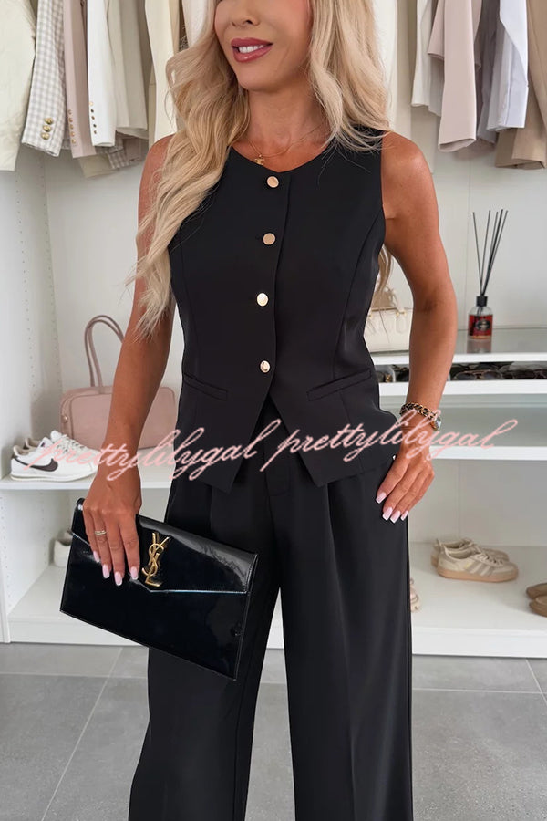 Workplace Chic Sleeveless Button Vest and Relaxed Pocket Wide Leg Pants Set