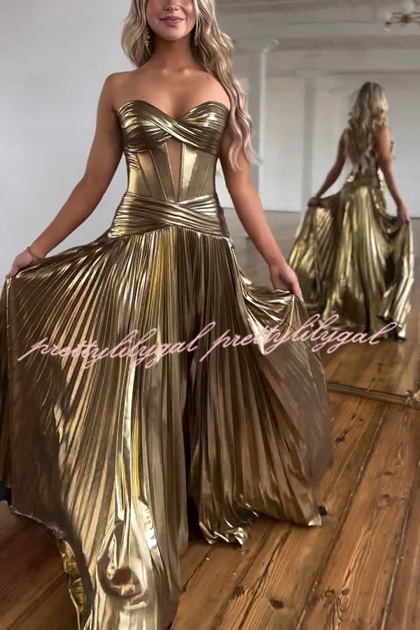 Dazzling Metallic Fabric Cross Strapless Cutout Slit Pleated Maxi Dress