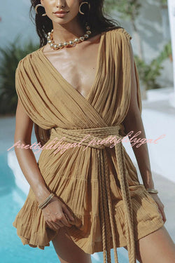 Glimpse of Happiness Linen Blend Draped Braids Belt Cover Up Mini Dress