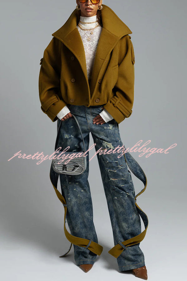 Ellie Epaulettes Stand Neck Double-Breasted Pocket Cropped Loose Woolen Coat