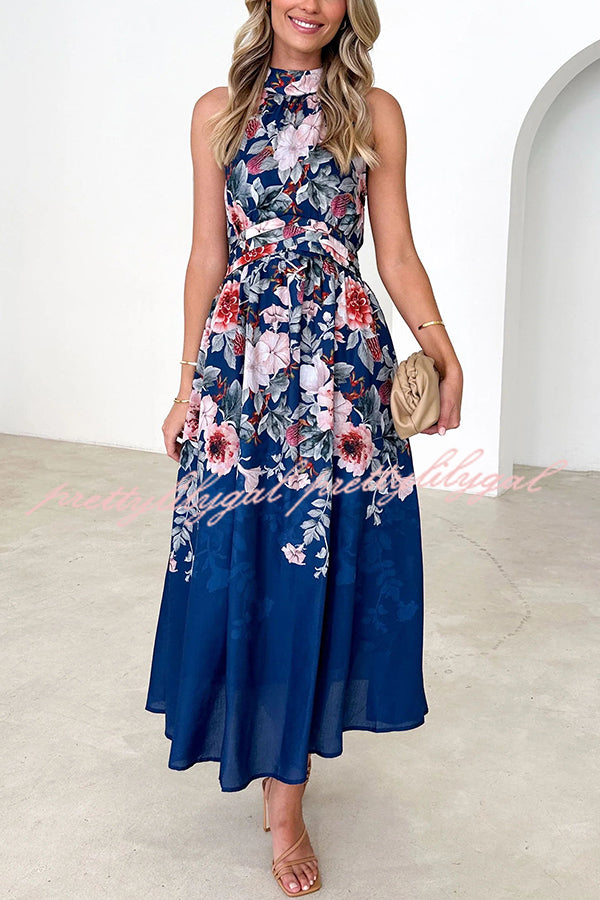 Floral Print Halterneck Tie Zip Smocked Maxi Dress