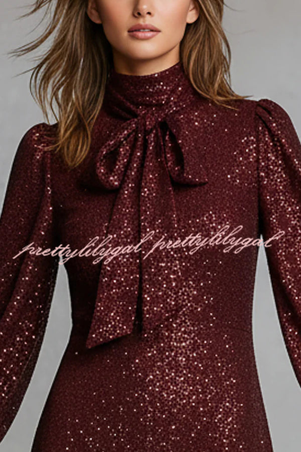 Gift for Me Sequin High Neck Bow Tie Long Lantern Sleeve Party Mini Dress