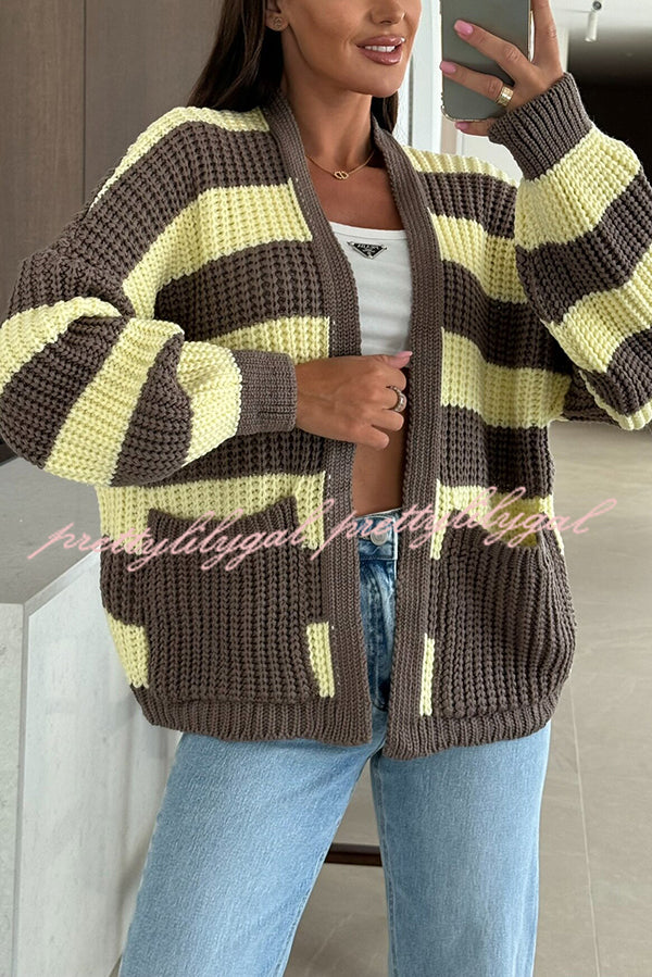 Fashionable Patchwork Striped Casual Pocket Knitted Sweater