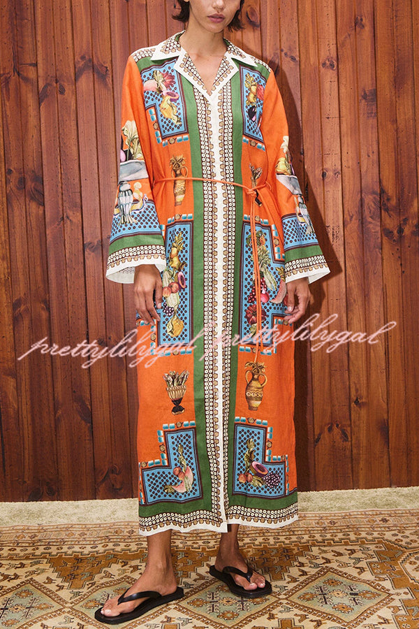 Linen Blend Unique Print Tie-waist Casual Maxi Dress