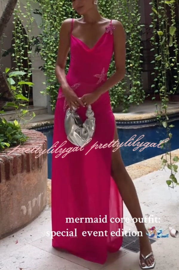 Mermaid Chiffon Starfish Sequin Asymmetric Neck Slit Maxi Dress