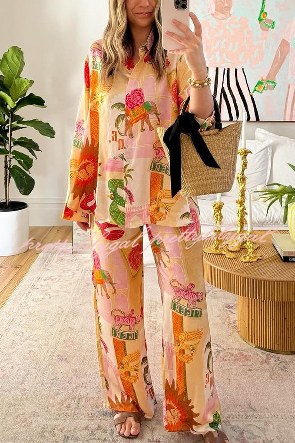 Unique Printed Casual Long Sleeved Shirt Top and Elastic Waist Loose Pants Sets