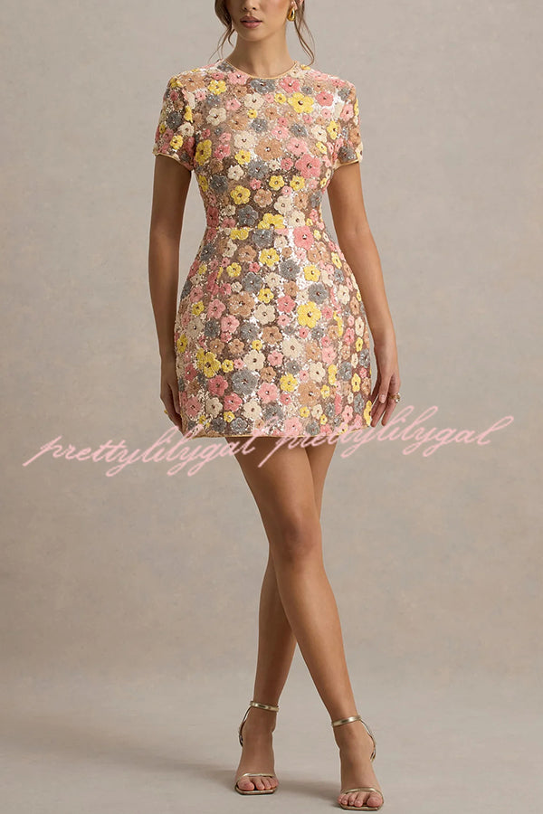 80's Inspired Floral Print Sequin Short Sleeve Stretch Mini Dress