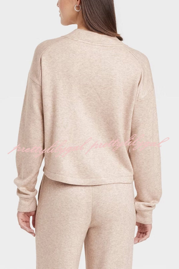 Oatmeal Morning Solid Color V-neck Sweatshirt and Elastic Waist Pocketed Lounge Pants Set