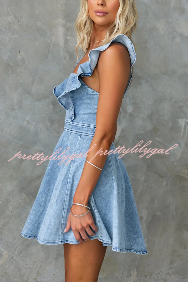 Sweet Secret Denim Square Neck Ruffle Sleeve Stretch Mini Dress