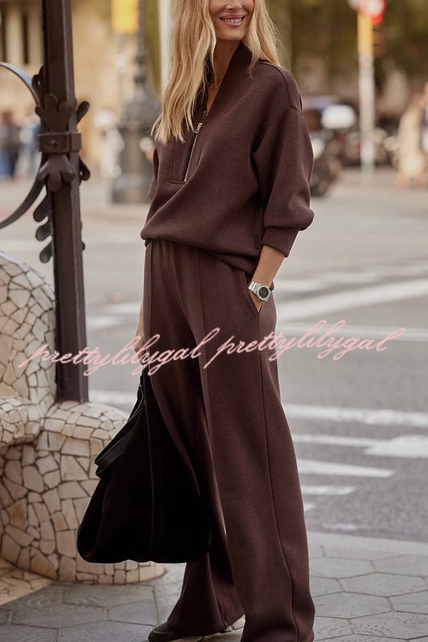 Meet The Autumn Ribbed Zipper Neck Sweatshirt and Elastic Waist Pocketed Loose Pants Set