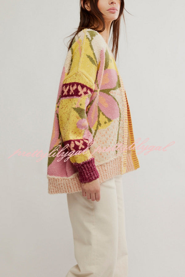 Floral Pattern Loose Long-sleeved Knitted Cardigan