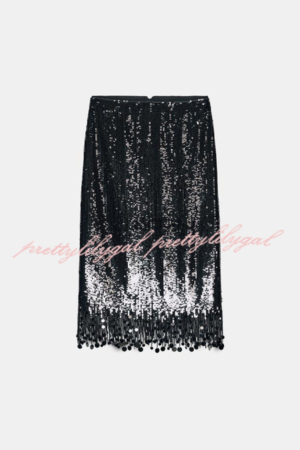 City Queen Sequin Tassel Round Pieces High Rise Back Zipper Midi Skirt