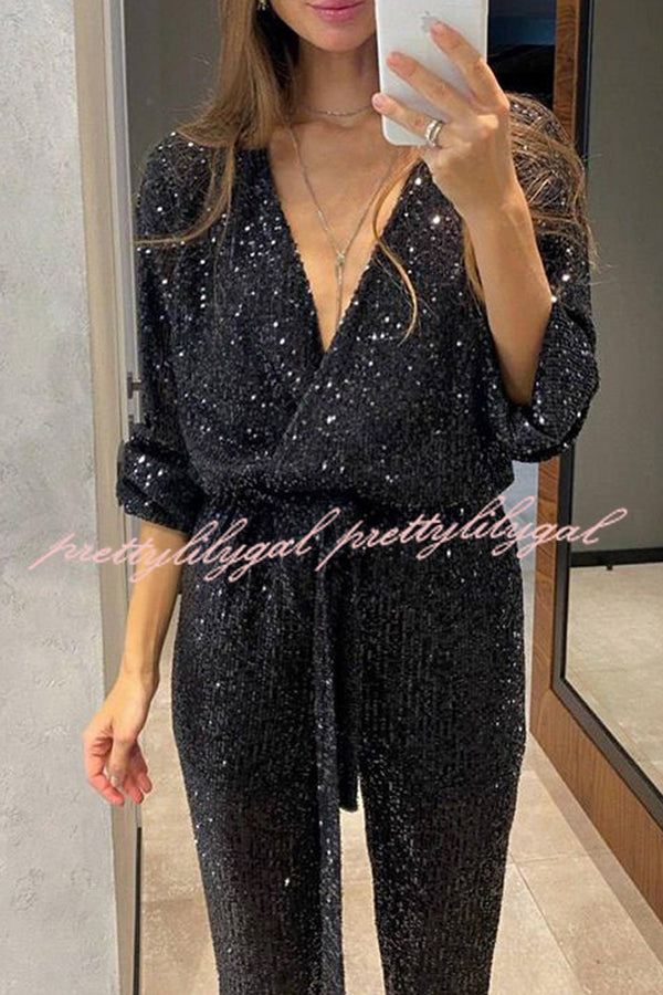 Cheers To You Sequin Long Sleeve Belted Wrap Loose Jumpsuit