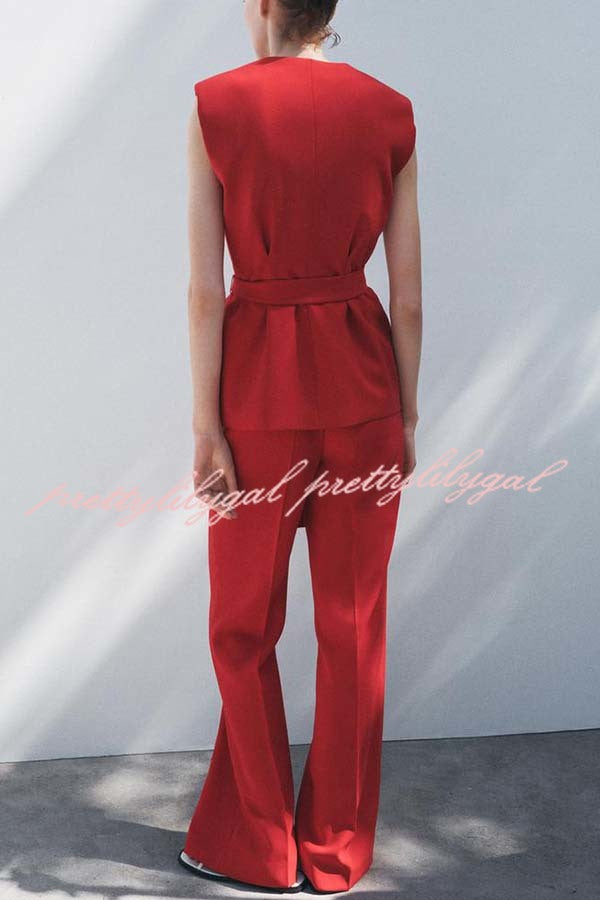Keep It Classic V-neck Belted Vest and Mid Rise Pocket Wide Leg Pants Set