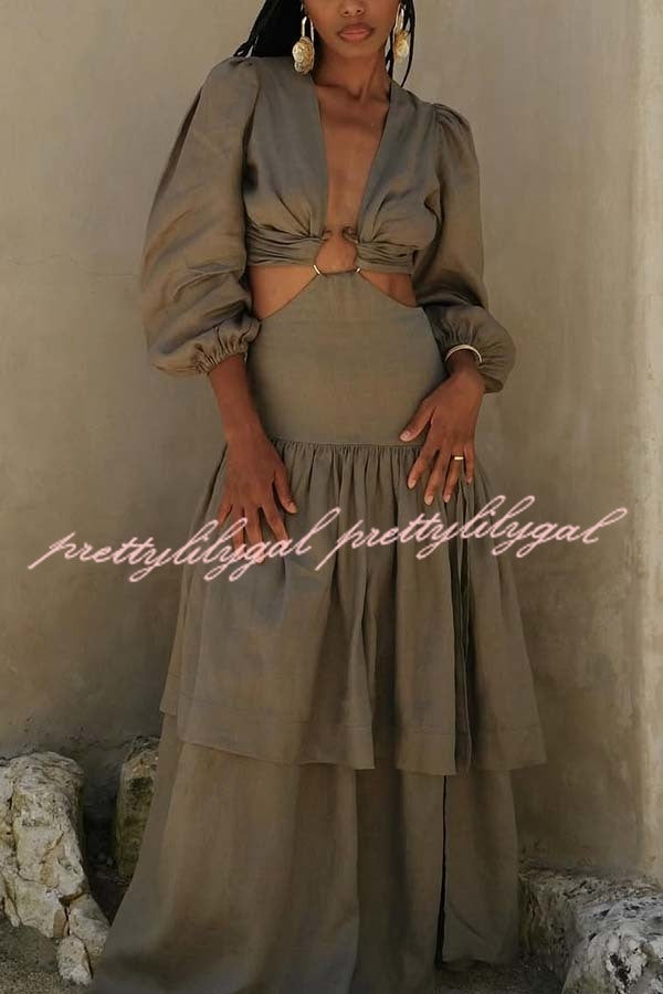 Santos Linen Blend Metal Ring Balloon Sleeve Cutout Waist Layered Dress