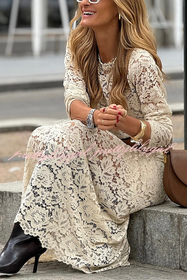 Hippie Elegance Lace Long Sleeve Crewneck Maxi Dress