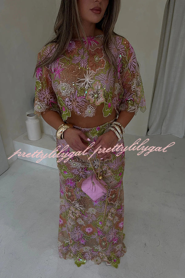Fashionable Embroidered Flower Sequined Crop Top and Elegant Sheer Maxi Skirt Set