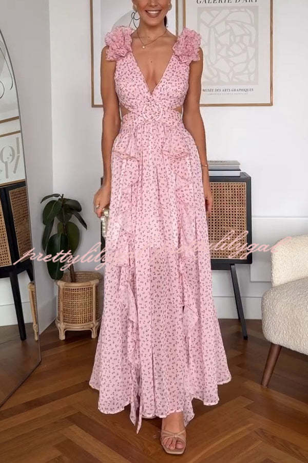 Wedding Dreams Chiffon Printed Flutter Sleeve Cutout Back Lace-up Maxi Dress