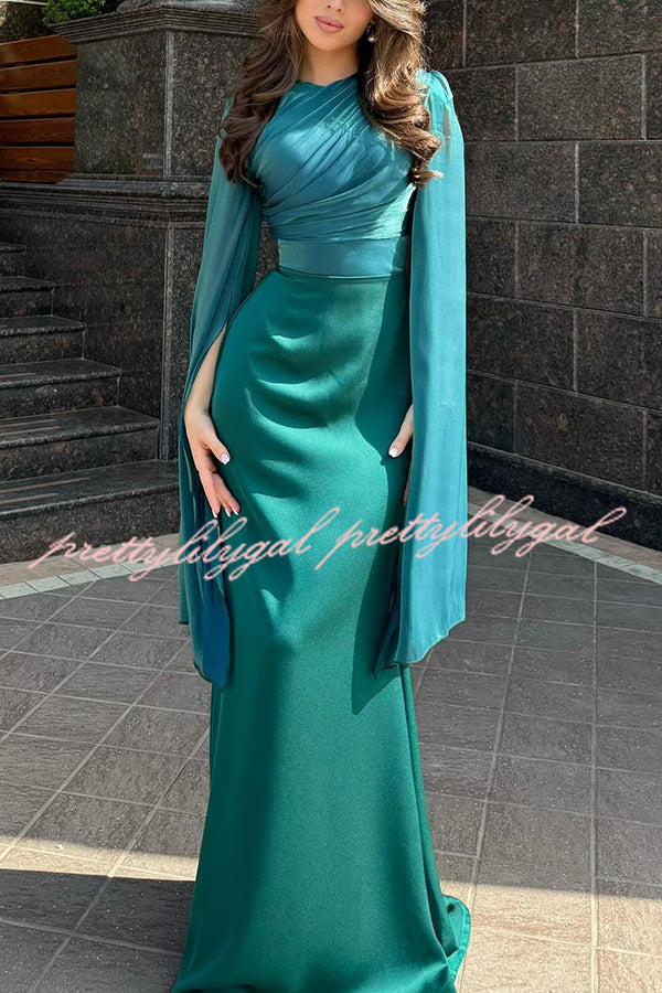 Liora Ruched Organza and Satin Patchwork Design Long Bell Slit Sleeve prettylilygal Liora Ruched Organza and Satin Patchwork Design Long Bell Slit Sleeve prettylilygal
