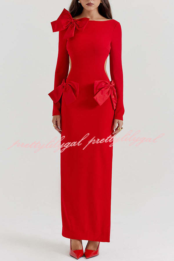 Lovely Bow Cutout Button Back Zipper Long Sleeve Maxi Dress