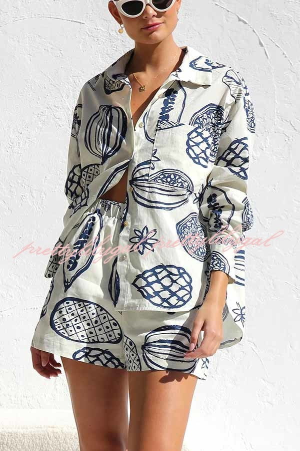 Parkside Pretty Tropical Fruit Print Loose Shirt and Elastic Waist Pocketed Shorts Set