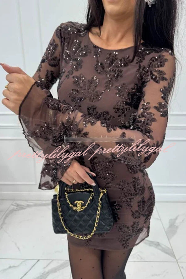 Deep and Dazzling Floral Texture Sequin Long Bell Sleeve Open Back Mini Dress
