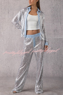 Fashion Sequined Loose Long-sleeved Shirt and Casual Elastic Waist Wide-leg Pants Set