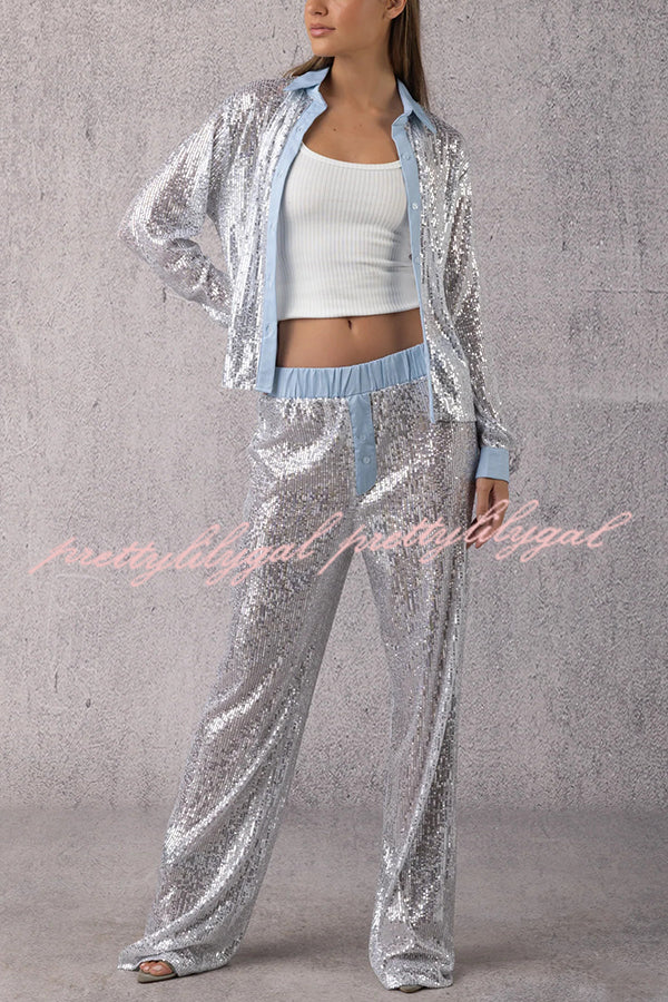 Fashion Sequined Loose Long-sleeved Shirt and Casual Elastic Waist Wide-leg Pants Set