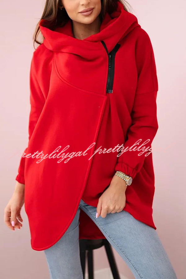 Solid Color Loose Hooded Zip-up Casual Sports Jacket