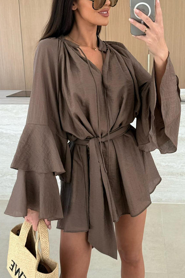 Solid Color V-neck Ruffled Long Sleeve Waist Tie Mini Dress