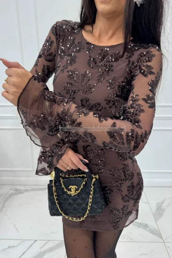 Deep and Dazzling Floral Texture Sequin Long Bell Sleeve Open Back Mini Dress