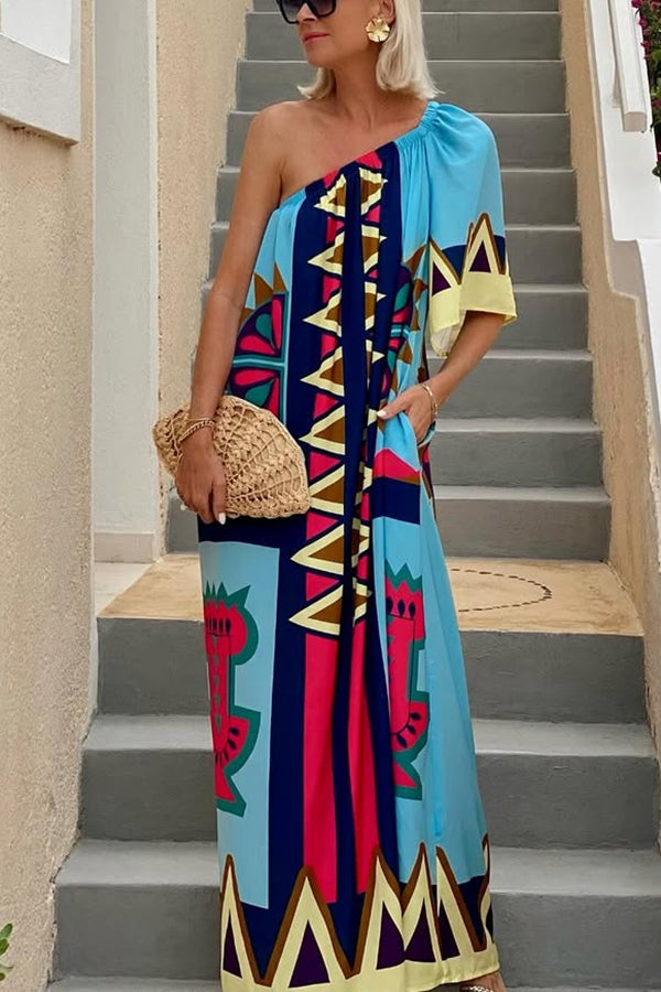 Color Boost Unique Print One Shoulder Bell Sleeve Pocketed Maxi Dress