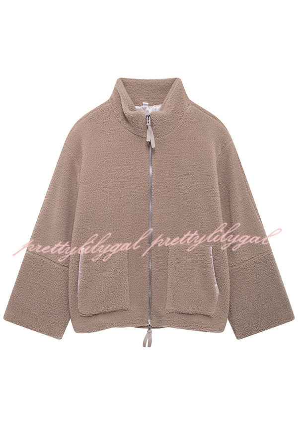 Solid Color Stitching High Collar Long Sleeve Loose Pocket Woolen Coat